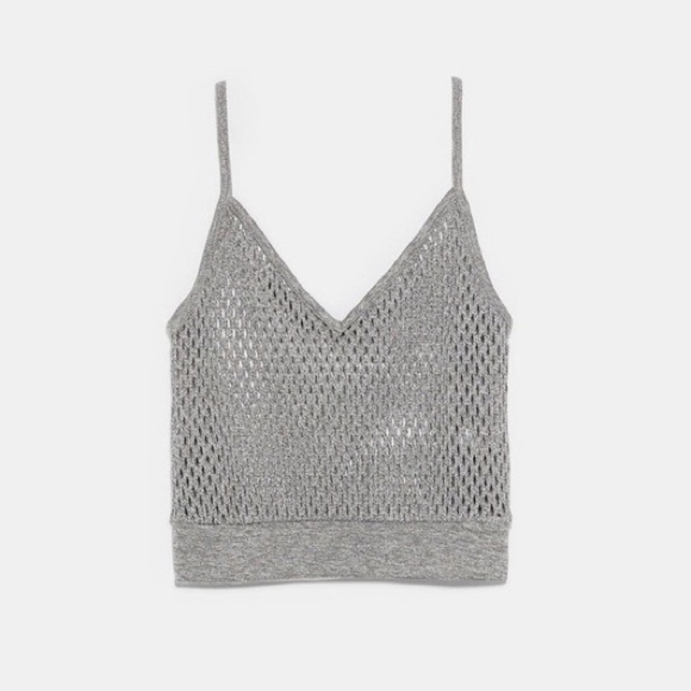 Zara Woman Mesh Silver Metallic Textured Tank Top Size M